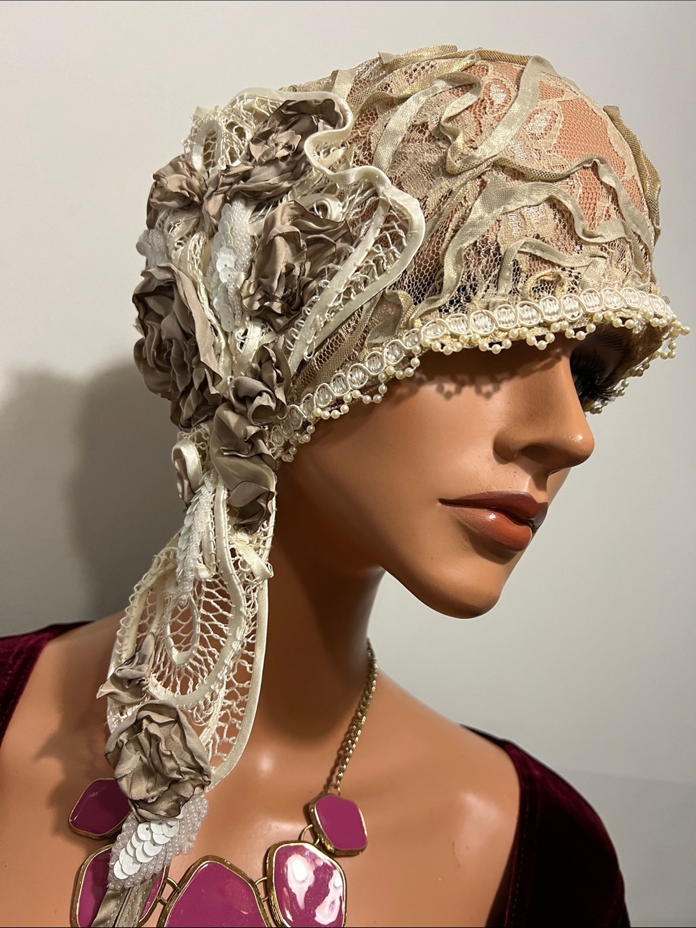 Vintage-Inspired Ivory & Taupe Lace Cloche Hat - Women's Elegant Headpiece